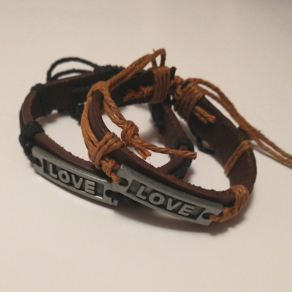 Set of 2 Love Leather Wrap Bracelets Matching Couple Jewelry Brown Black Tan